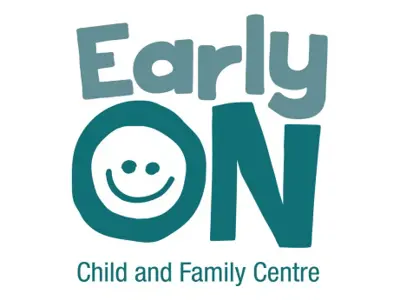 Logo with the words 'Early ON Child and Family Centre'. There is a smiley face inside the O.