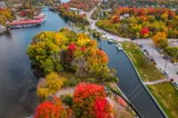 Aerial photo of waterway surrounded by trees with vibrant orange and green fall foliage.