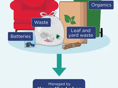 Cartoon style image of items collected curbside through waste management