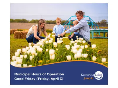 a family enjoying a spring day in the field at the park with a text overlay about muncipal hours of operation for April 3