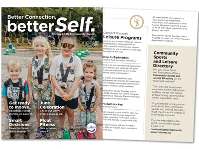 Image showing the front cover of the Kawartha Lakes Spring Guide and the leisure title page.