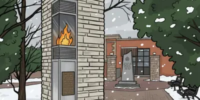 Graphic image of a commemorative flame burning in a pillar, in front of a red brick building. Snow is falling and green trees are in the background.