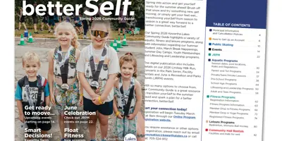 Image showing the front cover of the Kawartha Lakes Spring Guide and the Table of Contents page.