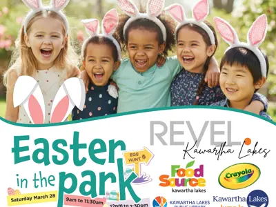 Easter in the park sponsor logos and masthead with image of kids wearing bunny ears.