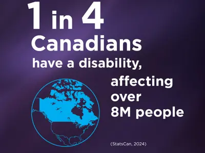 White text over dark purple background reads, '1 in 4 Canadians have a disability affecting over 8M people."