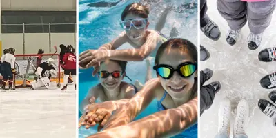 kids playing hockey, swimming and skating