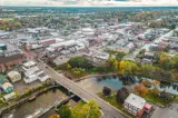 Aerial view of town with water and roads