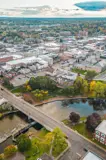 Aerial view of town with water and roads