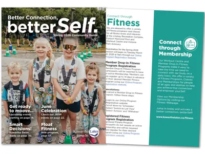 Image showing the front cover of the Kawartha Lakes Spring Guide and the fitness title page.