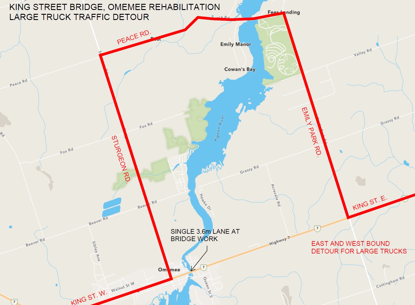 large truck traffic detour map showing traffic rerouted via Sturgeon Street North, Peace Road, and Emily Park Road